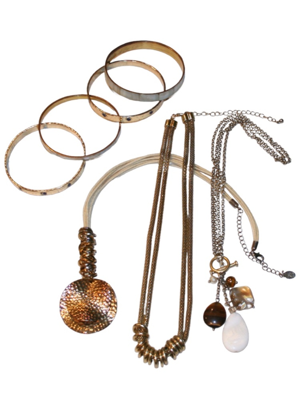 Jewelry Lot - 3 Necklaces, Set of 4 Bangles Gold Tone, Shell